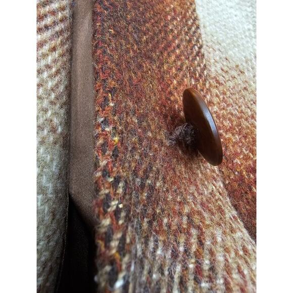 Vtg 70s Miss Gallery Women's S/M Brown & Tan Plaid Retro Wool Trench Coat w/Belt - Picture 12 of 12